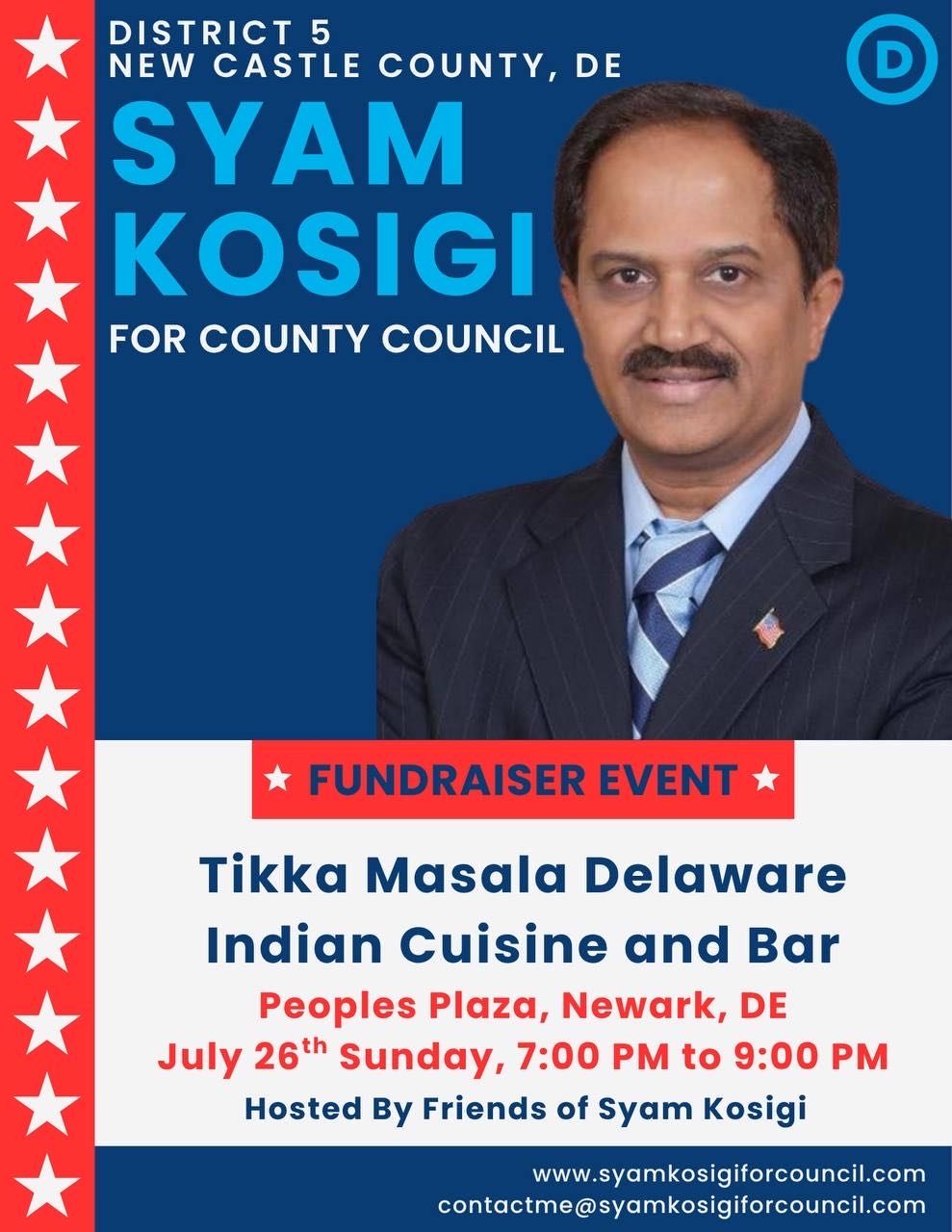Fundraiser Event flyer — Tikka Masala Delaware Indian Cuisine and Bar, Peoples Plaza, Newark DE, July 26th Sunday 7-9 PM